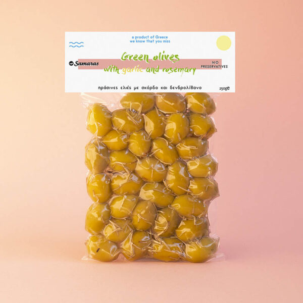 chalkidiki olives with garlic and rosemary packed 250g