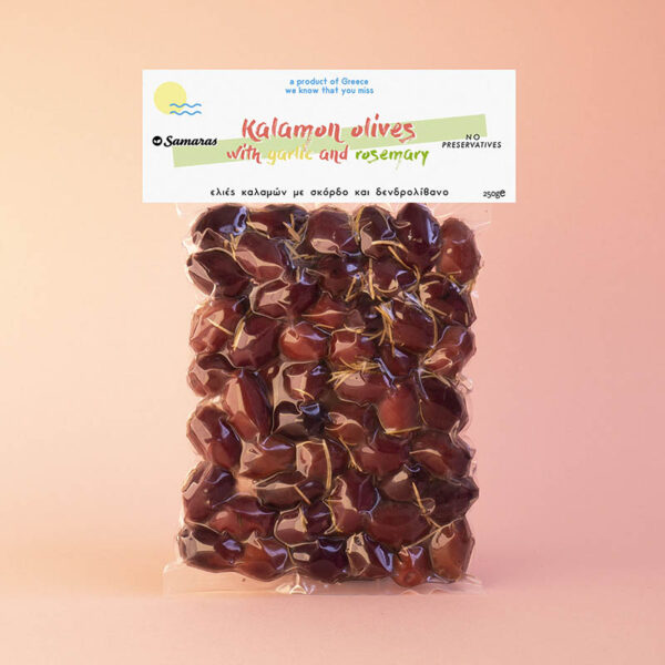 kalamon olives with garlic and rosemary packed 250g